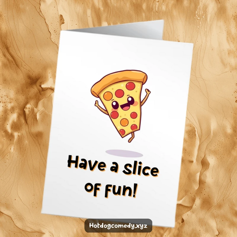 Funny Free Printable Birthday Card: A cheerful pizza slice with eyes does a cartwheel, celebrating your special day with gusto.