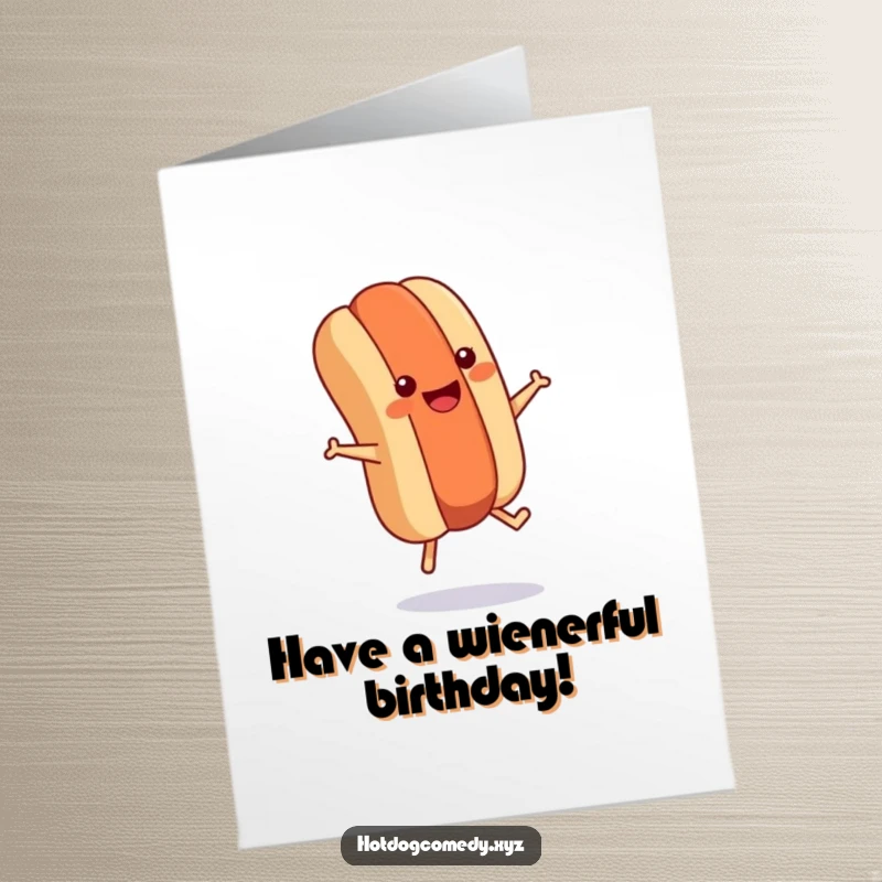 Funny Free Printable Birthday Card: A smiling hot dog with tiny legs energetically jumps rope, celebrating your special day.