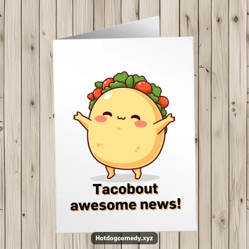 Funny Free Printable Taco Congratulations Card: A plump, blushing taco character performing a happy, delightful jig to express joy.