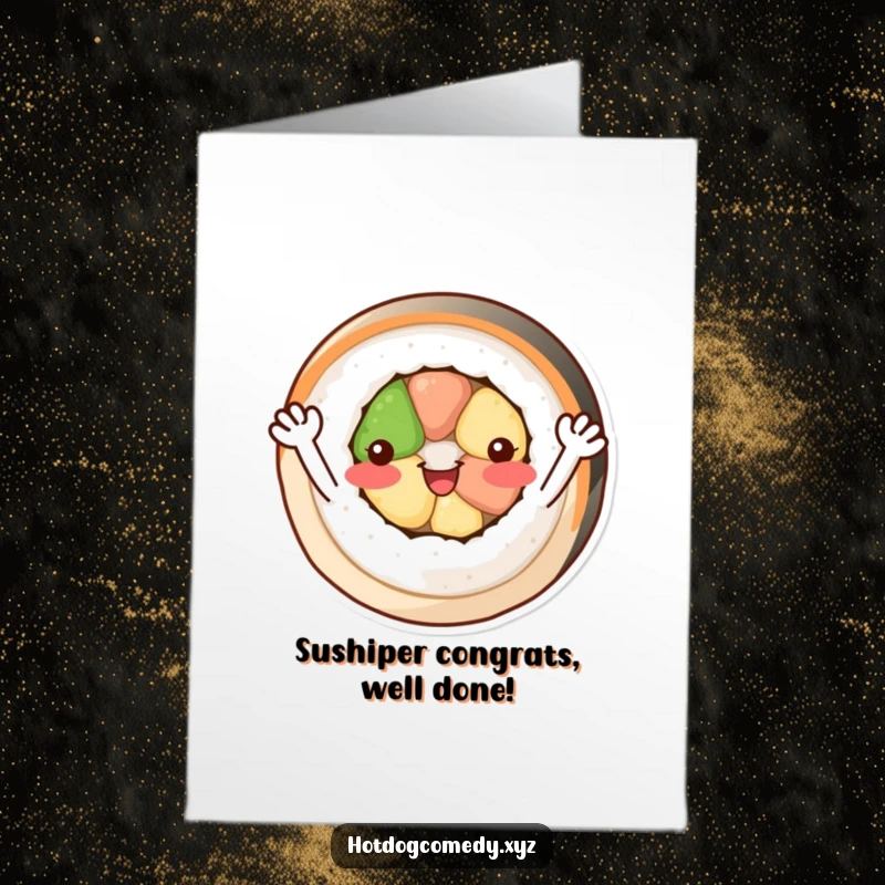 Funny Free Printable Congrats Card: A beaming sushi roll with arms joyfully waves, celebrating good news.