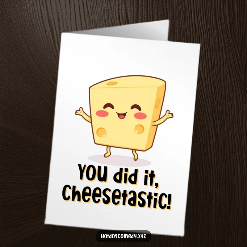 Funny Free Printable Cheese Congratulations Card: A wiggling, happy piece of cheese with tiny feet performing a delightful little dance.
