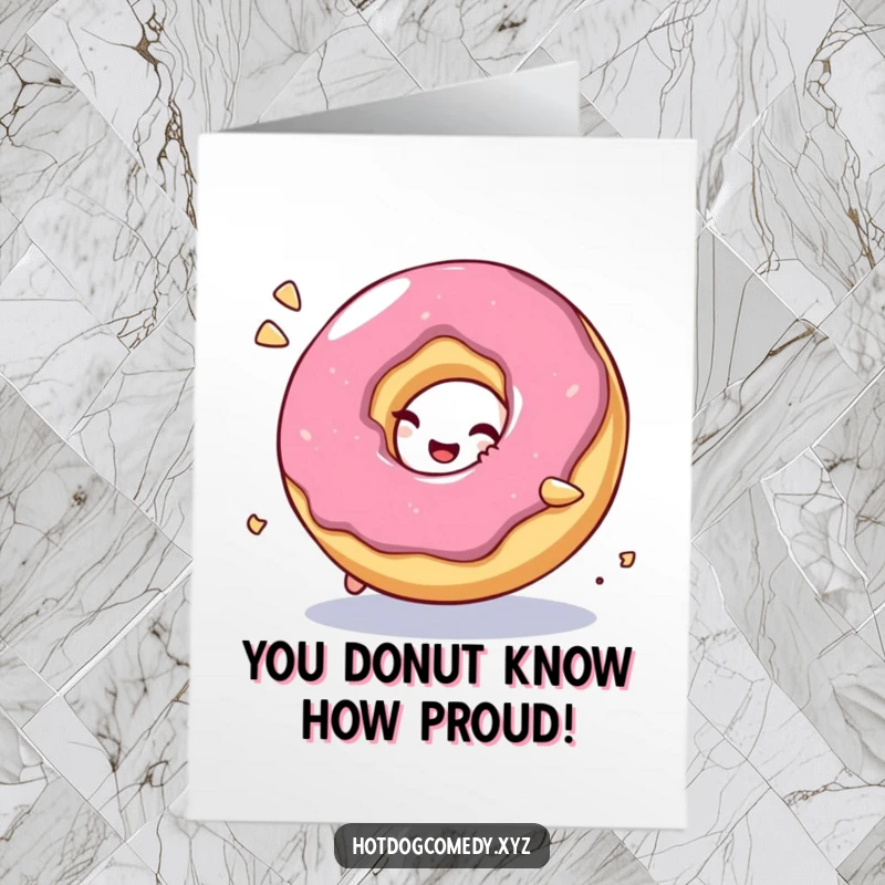 Funny Free Printable Donut Congratulations Card: A bubbly, giggling donut character rolling playfully to share in the excitement.