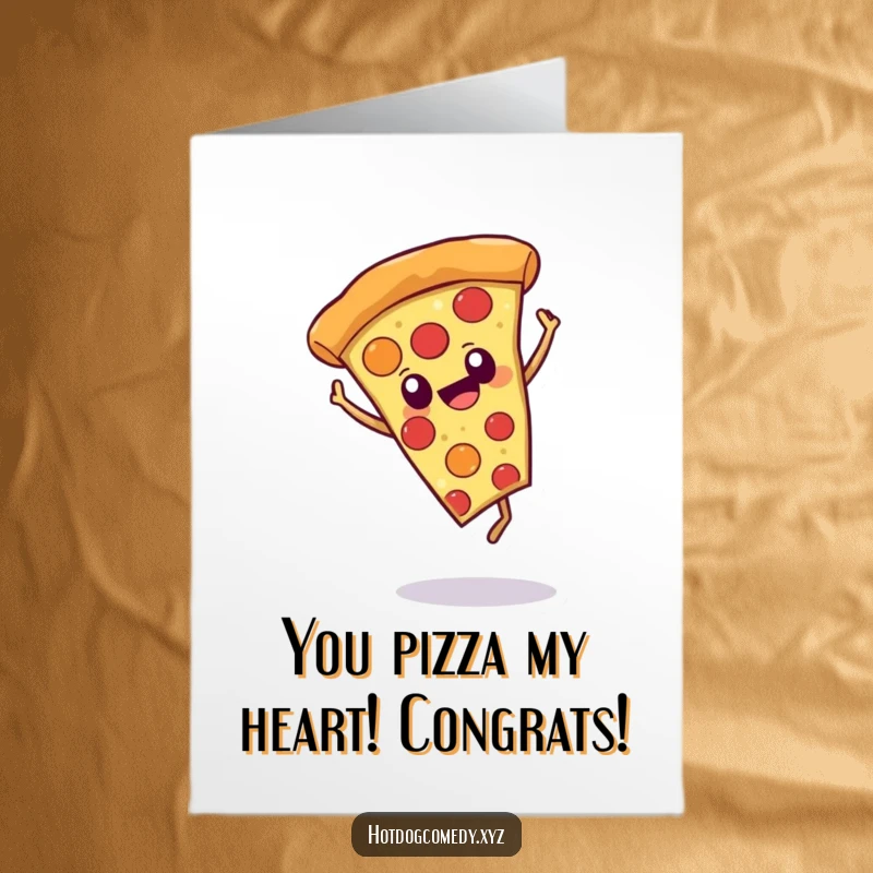 Funny Free Printable Congratulations Card: A cheerful pizza slice with eyes does a cartwheel, celebrating your fantastic success.