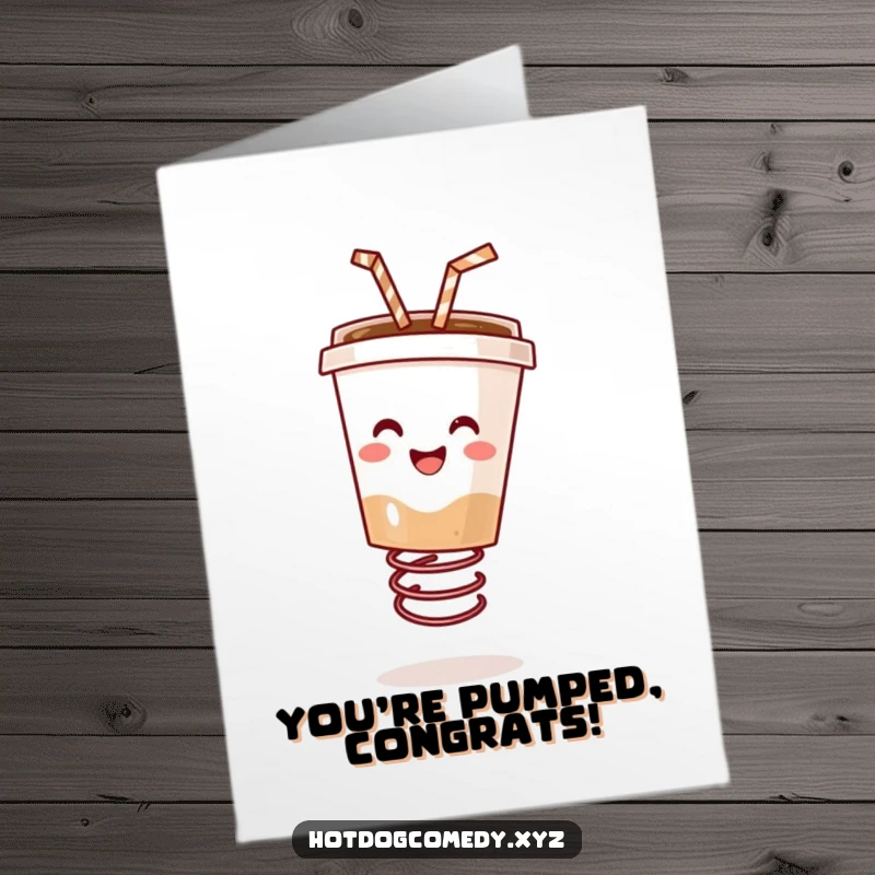 Funny Free Printable Congratulations Card: A happy coffee cup with a straw joyfully bounces on a spring, celebrating success.