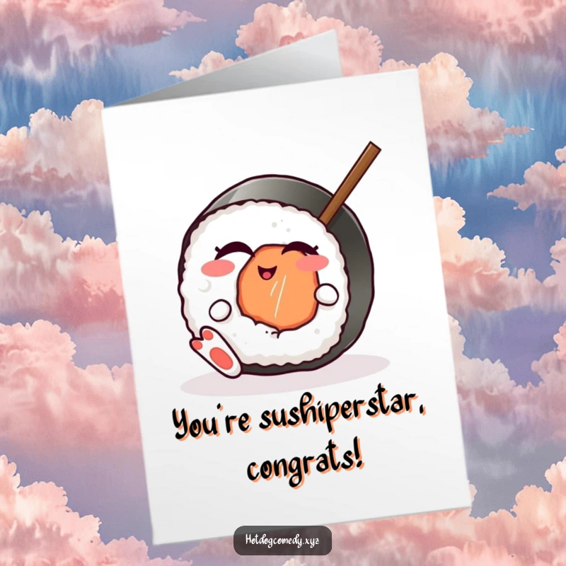 Funny Free Printable Congratulations Card: A winking sushi roll with feet playfully wiggles a chopstick, celebrating a great achievement.
