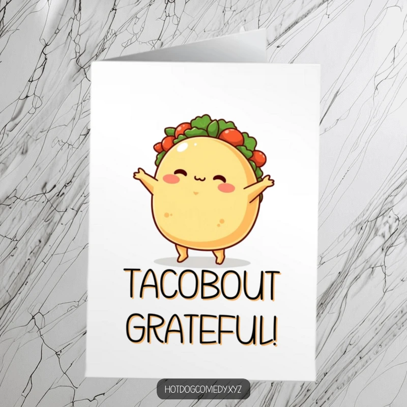 Funny Free Printable Taco Thank You Card: A plump, blushing taco character doing a celebratory jig to say thanks with humor.