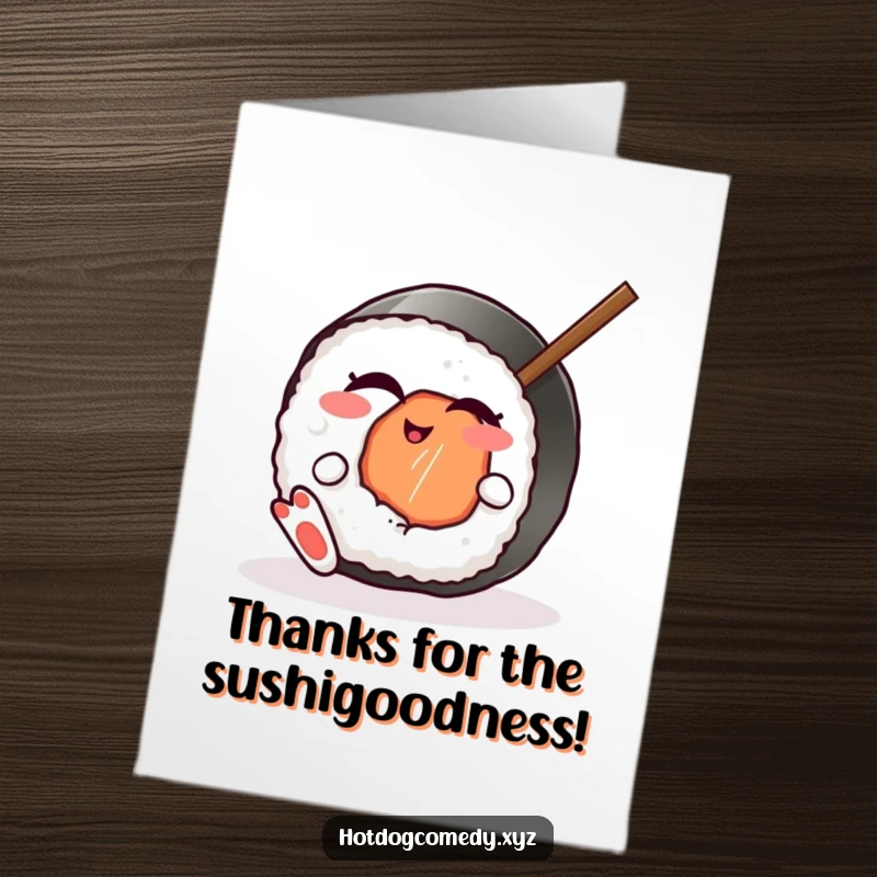 Funny Free Printable Thank You Card: A sushi roll with feet gives a cheeky wink while holding a chopstick.