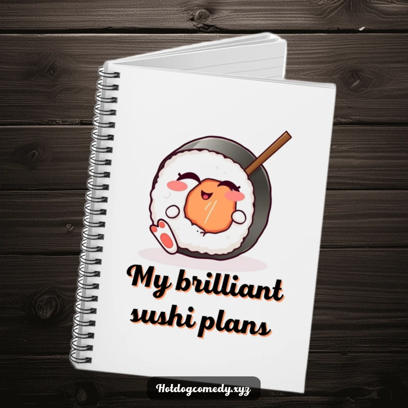 Funny winking sushi roll with feet playfully wiggling a chopstick on a notebook cover, ready for writing, perfect for a funny gift.