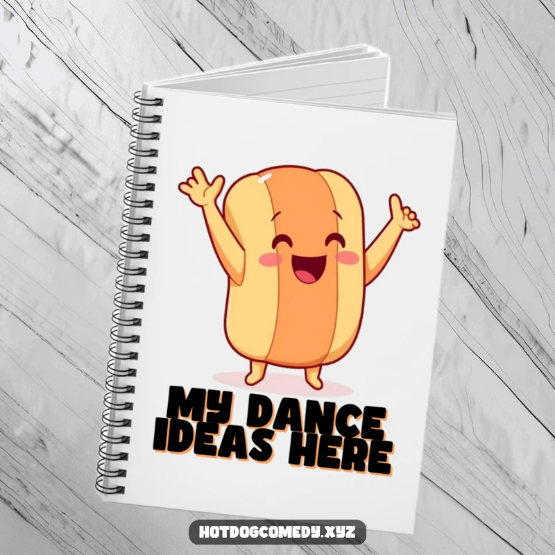 Funny dancing hot dog with tiny legs, arms raised, on a notebook cover, ready for writing, perfect for a funny gift.