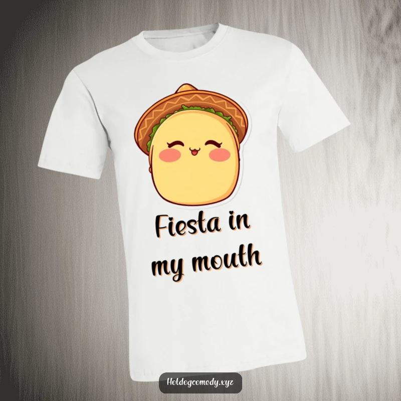 Funny Taco T-Shirt: A blushing taco wearing a small sombrero winks, embodying fun and fiesta vibes.
