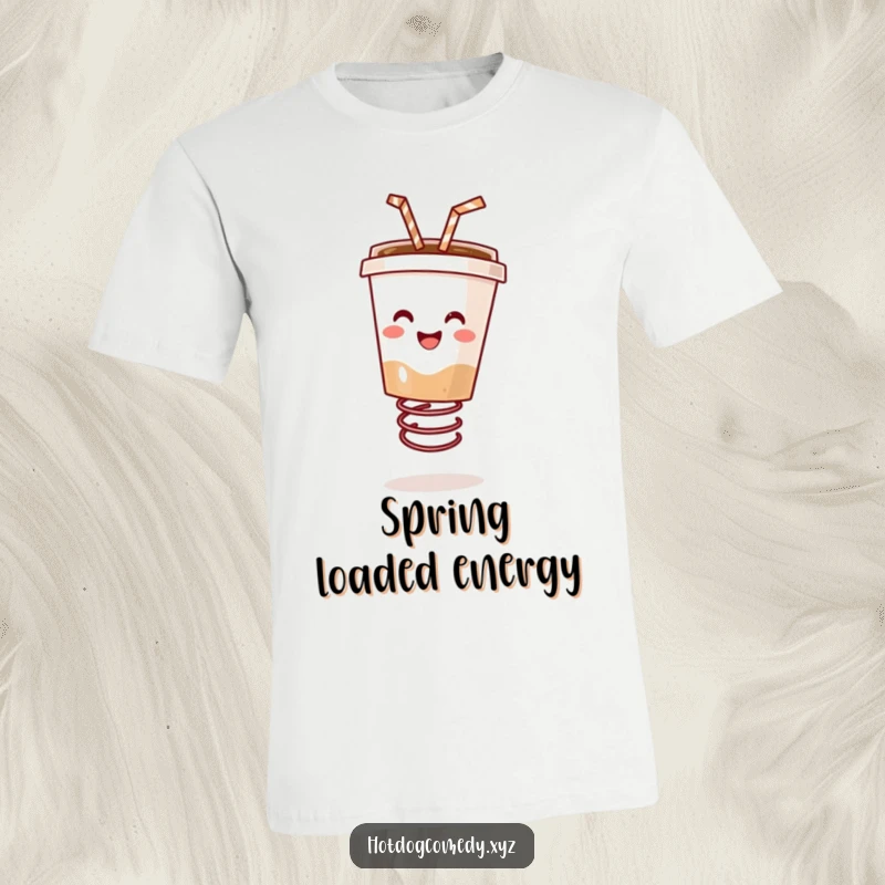 Funny happy coffee cup with a straw bouncing on a spring, wearing a t-shirt, great for a funny gift.
