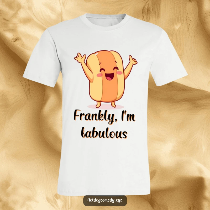 Funny dancing hot dog with tiny legs, arms raised in celebration, wearing a vibrant t-shirt, ideal for a funny gift.