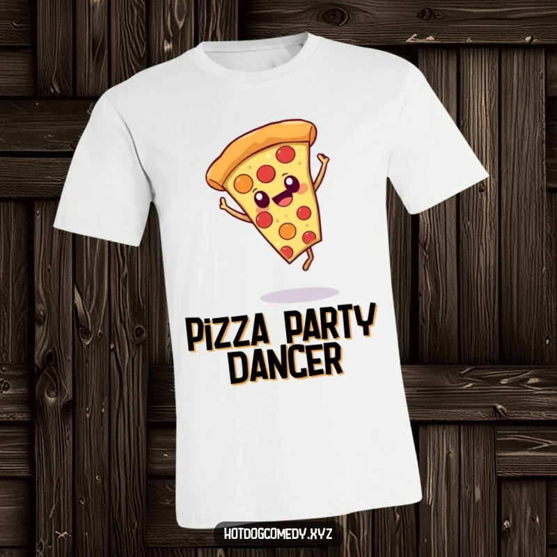 Funny cheerful pizza slice with eyes doing a cartwheel, printed on a t-shirt for food lovers and playful humor.