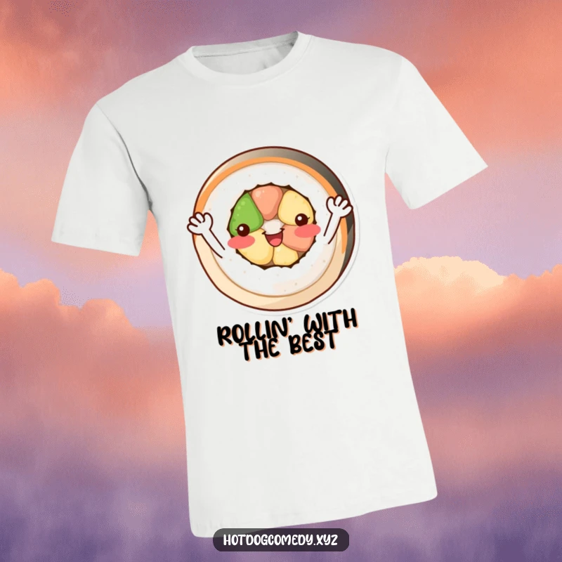 Funny cheerful, circular sushi roll with tiny arms waving happily on a soft, comfortable t-shirt.