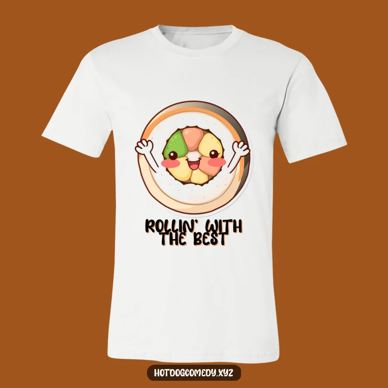 Funny Sushi Roll Tee: Happy Waving Foodie Graphic Shirt