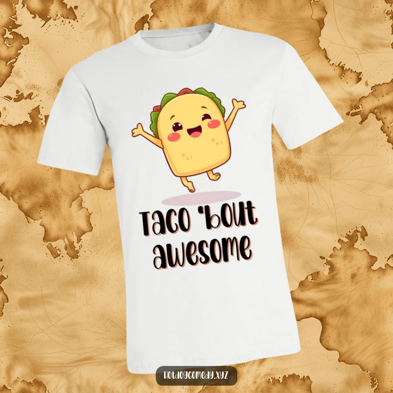 Funny cheerful taco with little feet joyfully leaping in the air, wearing a t-shirt, great for a funny gift.