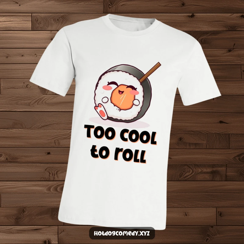 Funny winking sushi roll with little feet wiggling a chopstick, wearing a stylish t-shirt, great for a funny gift.