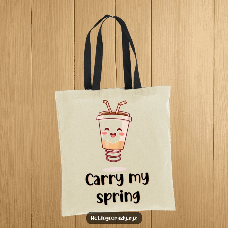 Funny happy coffee cup with a straw bouncing on a spring, carrying a tote bag, great for a funny gift.
