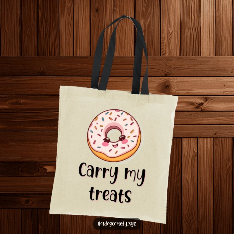 Funny delighted donut with sprinkles doing a little spin, carrying a tote bag, great for a funny gift.