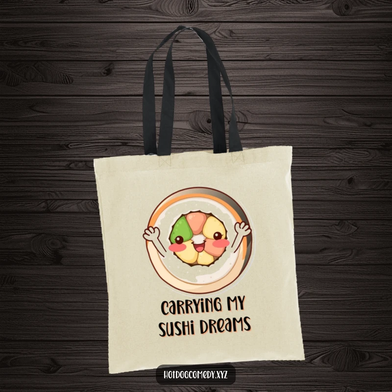 Funny cheerful, circular sushi roll with tiny arms waving happily on a durable tote bag.