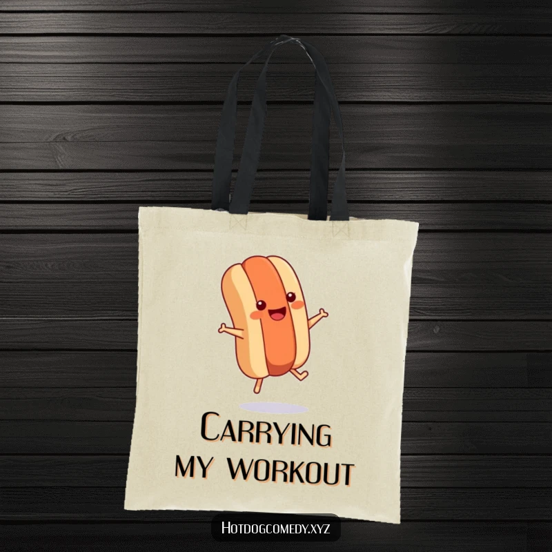 Funny hot dog with tiny legs jumping rope on a tote bag, designed for carrying gym essentials with energetic humor.
