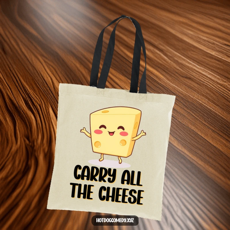 Funny Tote Bag: A happy, wiggling piece of cheese with tiny feet does a charming dance, making errands more amusing.