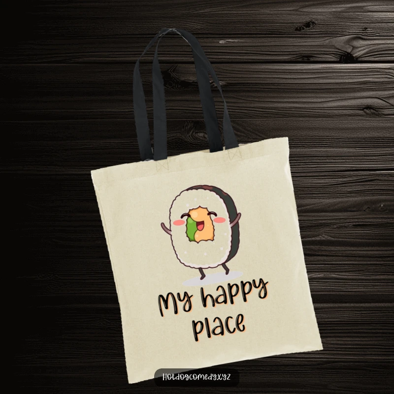 Funny Sushi Tote Bag: A sushi roll with small feet dances, perfect for carrying groceries with a humorous twist.