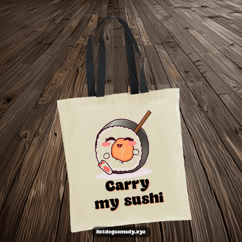 Funny winking sushi roll with little feet wiggling a chopstick, carrying a tote bag, great for a funny gift.